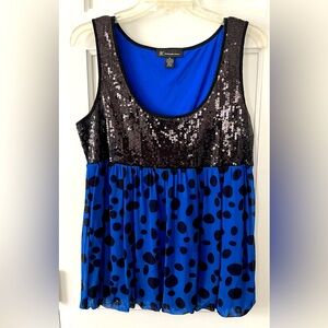 NWOT ALFANI Women's Sleeveless Sequins and Royal Blue and Black Blouse. Size:XL.